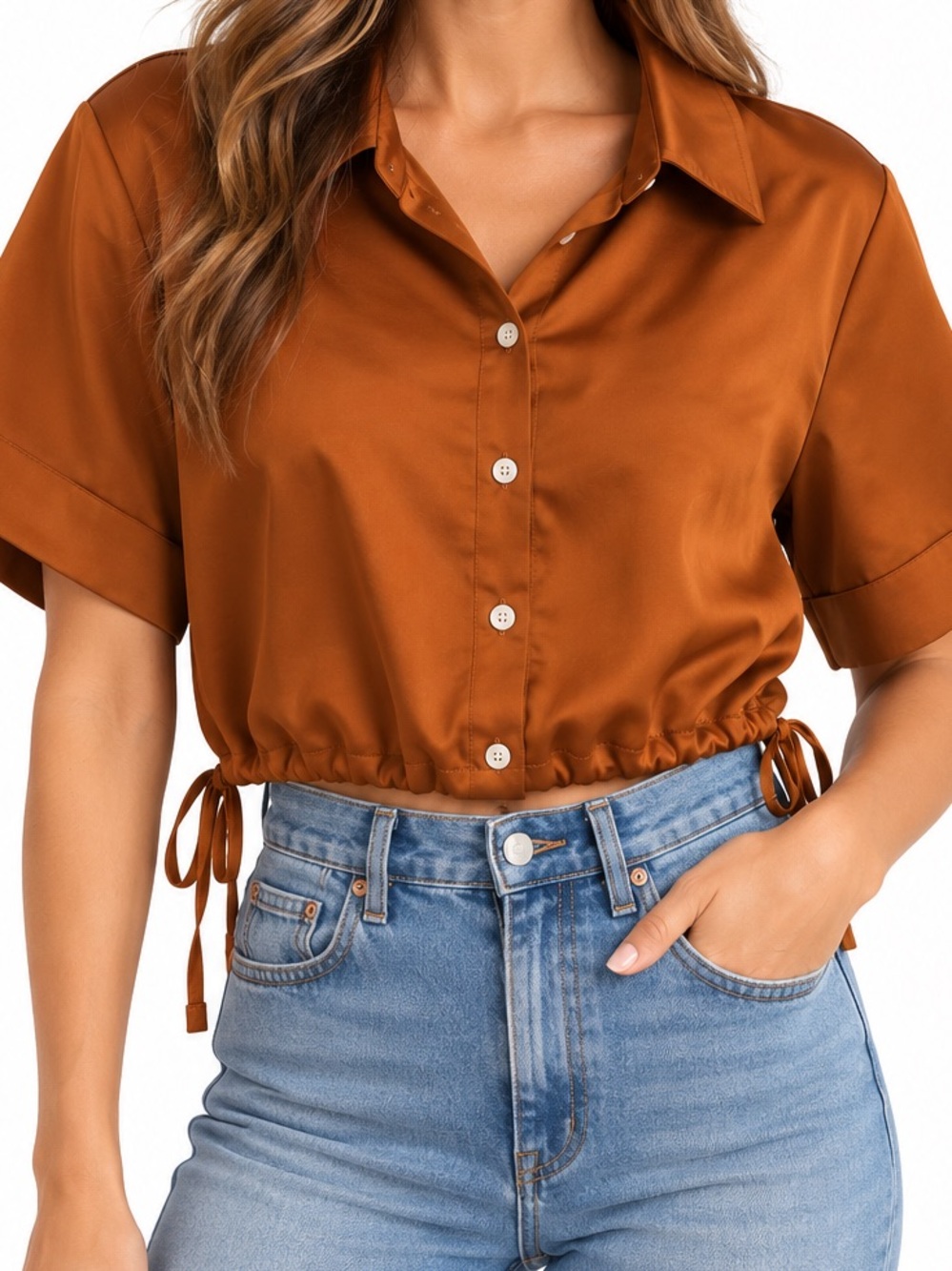 House of Harlow 1960 Rust Orange Satin Cropped Button-Up Top – Size Large